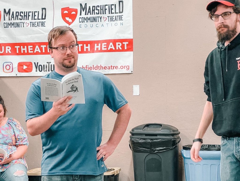 Brendan DePriest (Steve Randall/Earl, Left) and Alex Bates (Ajax Conroy/Clete, Right) during a recent rehearsal of You Have the Right to Remain Dead. 